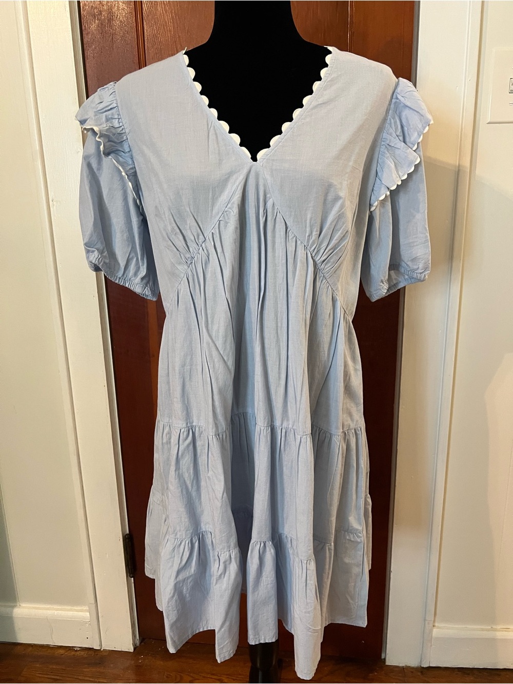 Simply Southern Light Blue Tiered Dress Small Scallop Trim Cottagecore - Picture 3 of 10